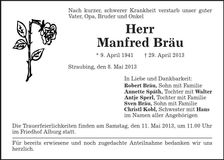 Traueranzeige Manfred Bräu