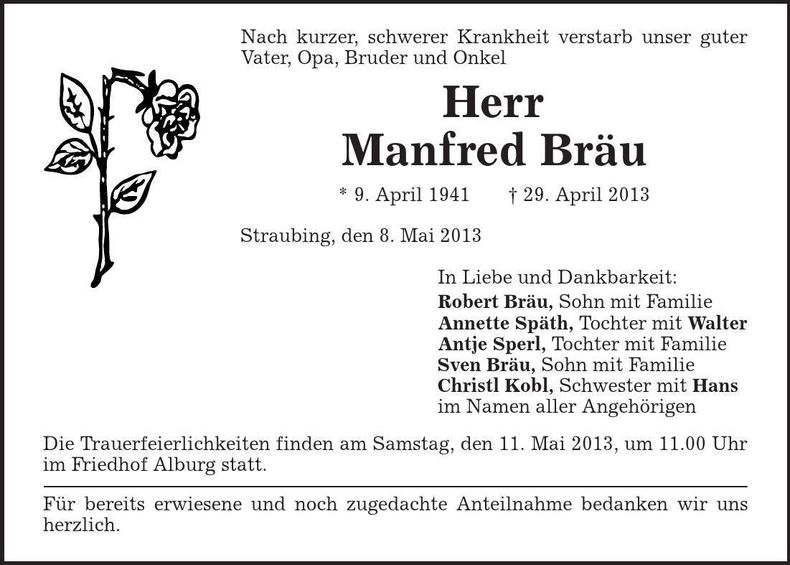 Traueranzeige Manfred Bräu