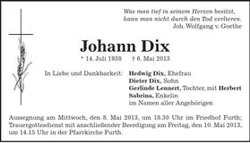 Traueranzeige Johann Dix