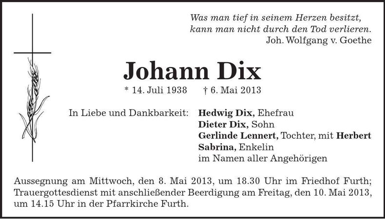 Traueranzeige Johann Dix