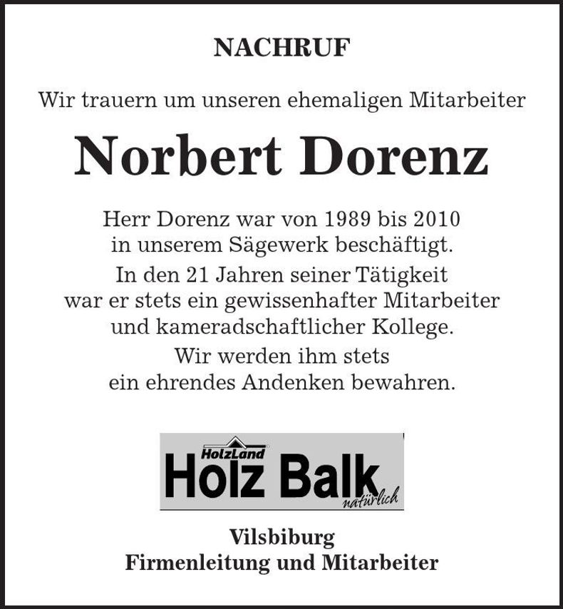 Traueranzeige Norbert Dorenz