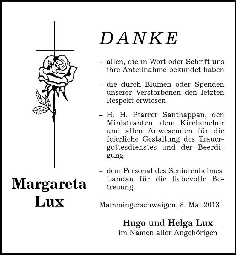 Traueranzeige Magareta Lux