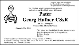 Traueranzeige Pater Georg Hafner CSsR