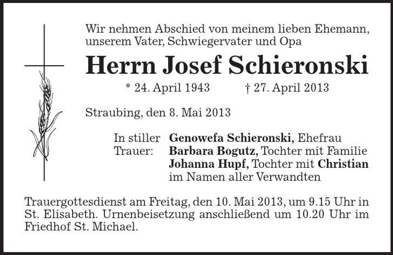 Traueranzeige Josef Schieronski