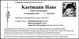Traueranzeige Hans Kartmann