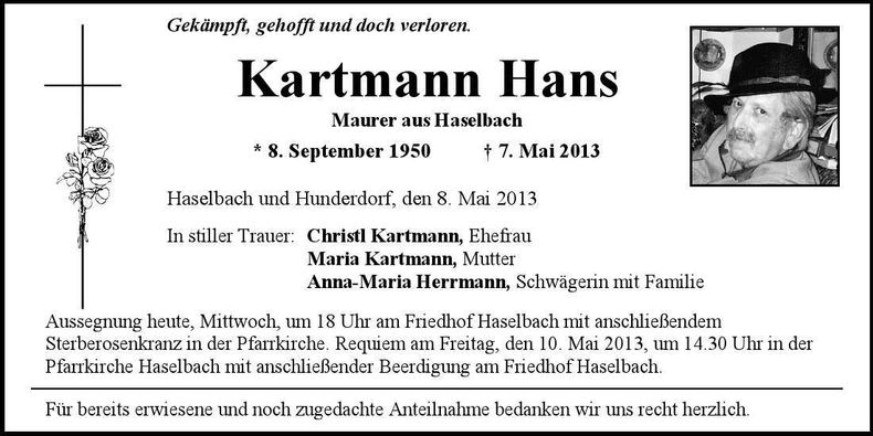 Traueranzeige Hans Kartmann
