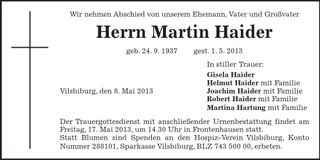Traueranzeige Martin Haider