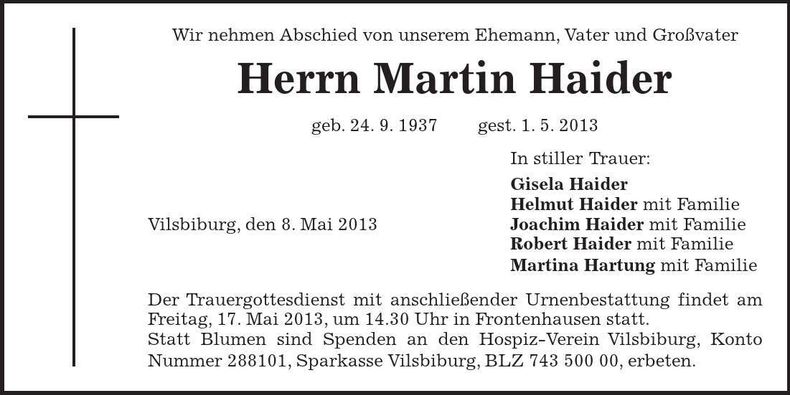 Traueranzeige Martin Haider