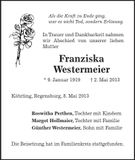Traueranzeige Franziska Westermeier