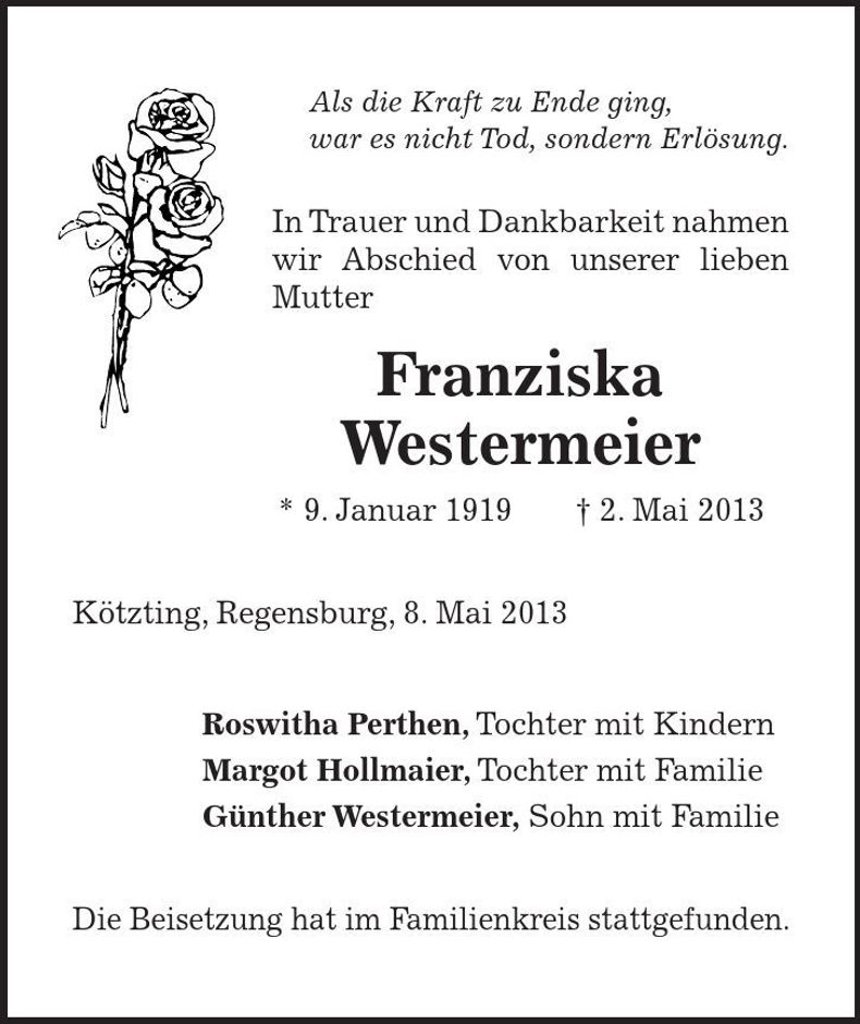 Traueranzeige Franziska Westermeier
