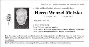 Traueranzeige Wenzel Metzka
