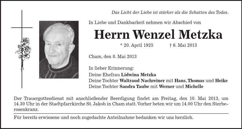 Traueranzeige Wenzel Metzka