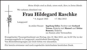 Traueranzeige Hildegard Raschke