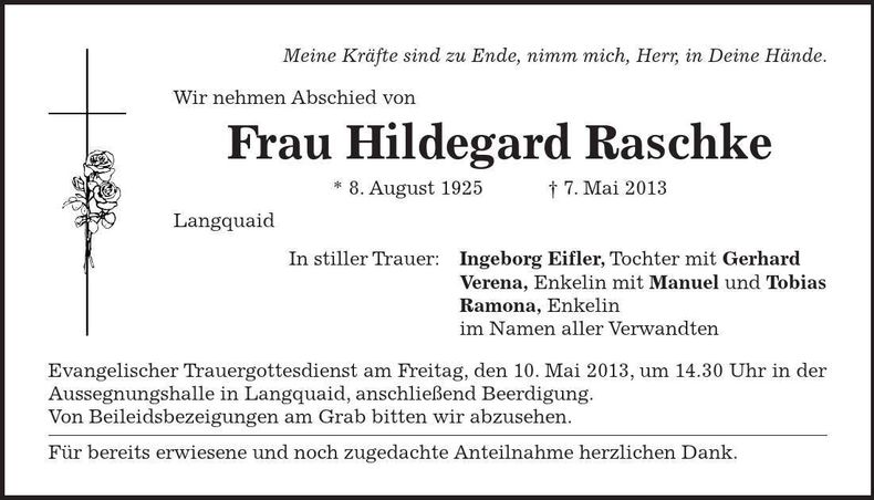 Traueranzeige Hildegard Raschke