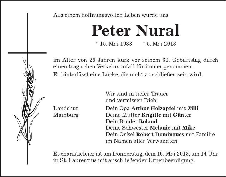 Traueranzeige Peter Nural