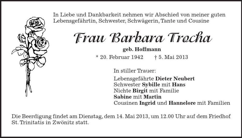 Traueranzeige Barbara Trocha