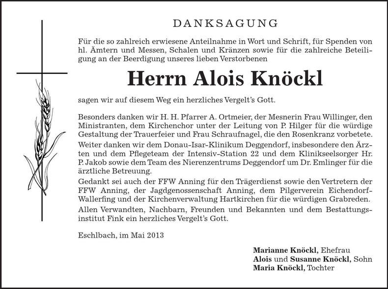 Traueranzeige Alois Knöckl