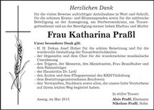 Traueranzeige Katharina Praßl