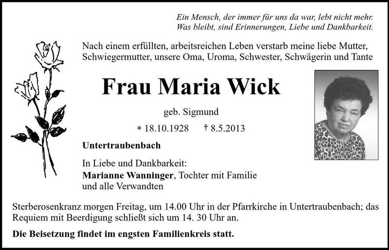 Traueranzeige Maria Wick