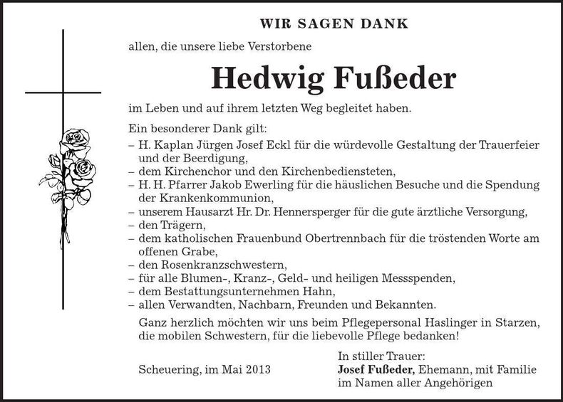 Traueranzeige Hedwig Fußeder