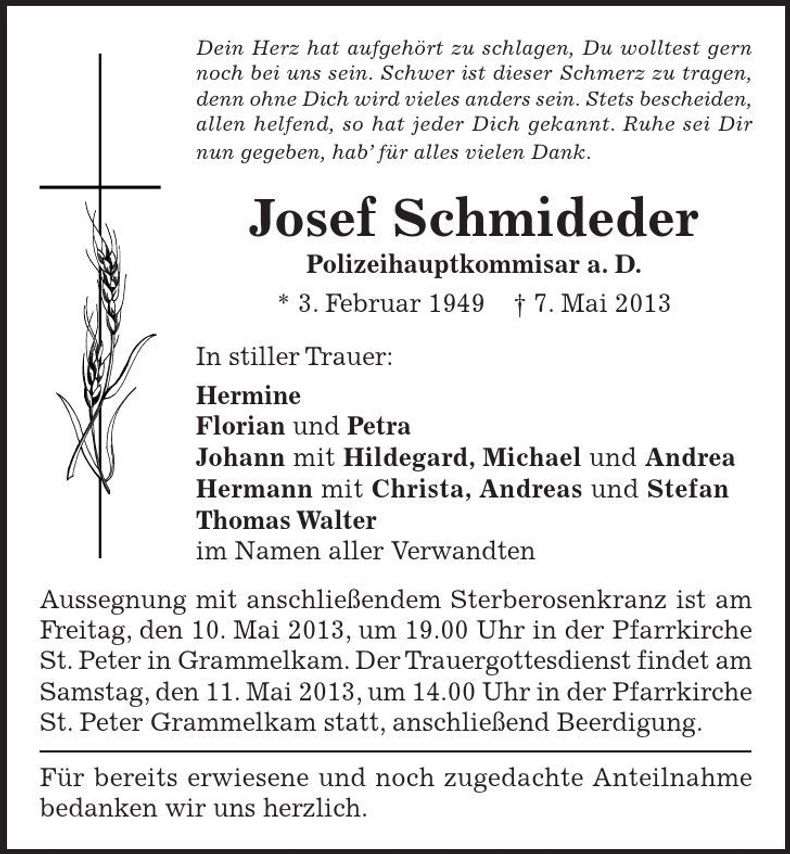 Traueranzeige Josef Schmideder