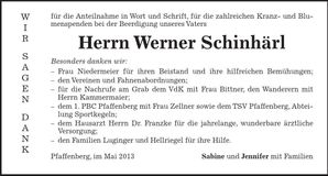 Traueranzeige Werner Schinhärl
