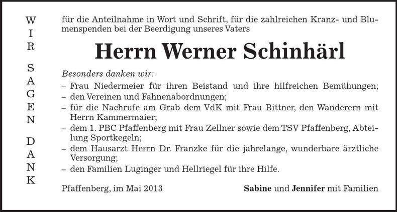 Traueranzeige Werner Schinhärl
