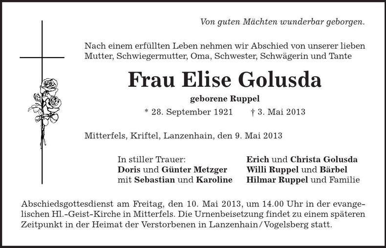 Traueranzeige Doris Metzger
