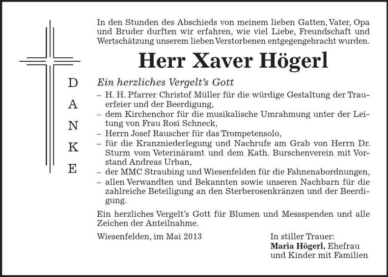 Traueranzeige Xaver Högerl