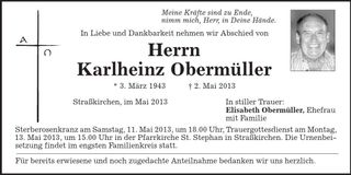 Traueranzeige Karlheinz Obermüller