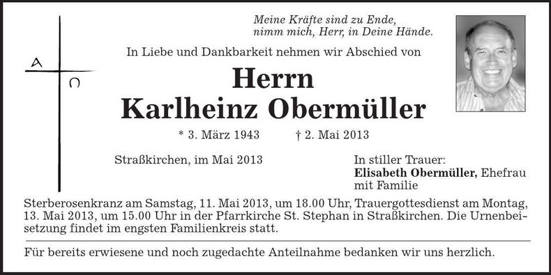 Traueranzeige Karlheinz Obermüller