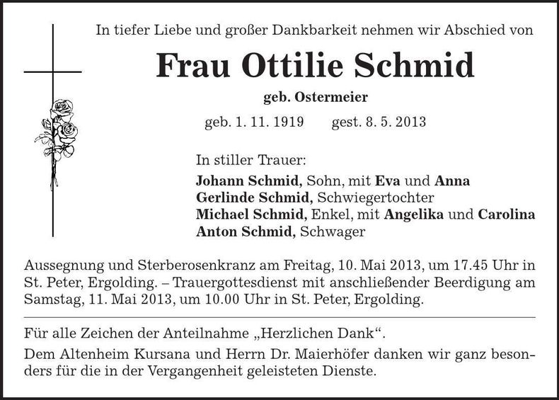Traueranzeige Ottilie Schmid