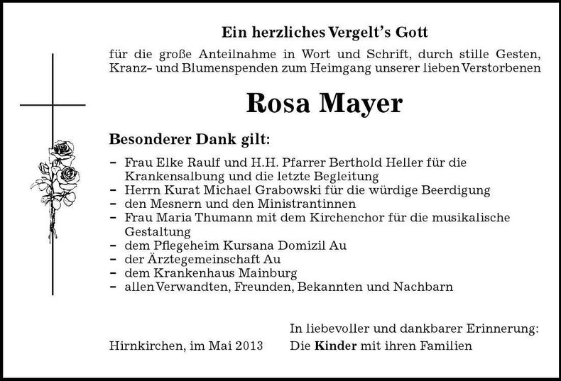 Traueranzeige Rosa Mayer