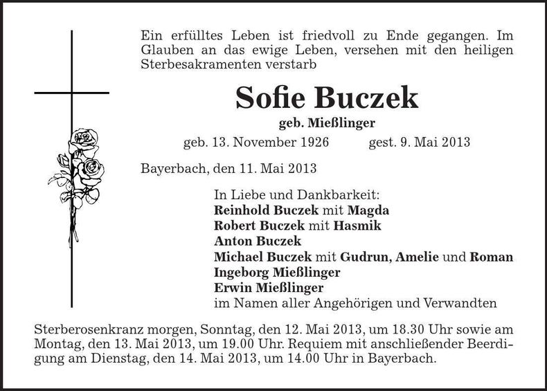 Traueranzeige Sofie Buczek