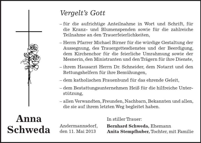 Traueranzeige Anna Schweda