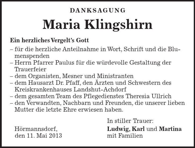 Traueranzeige Maria Klingshirn