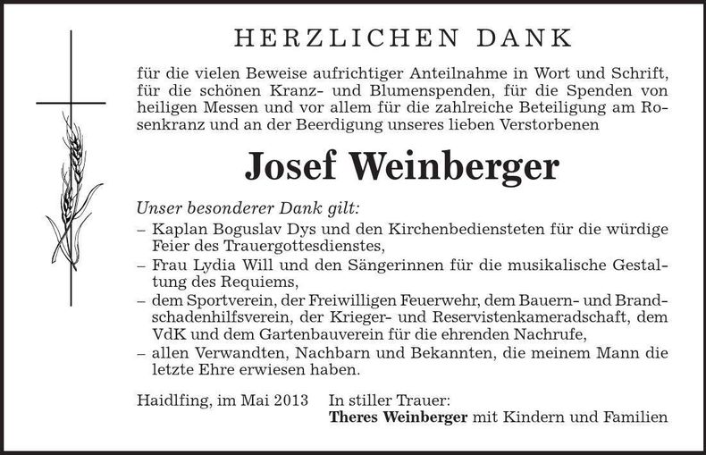 Traueranzeige Josef Weinberger
