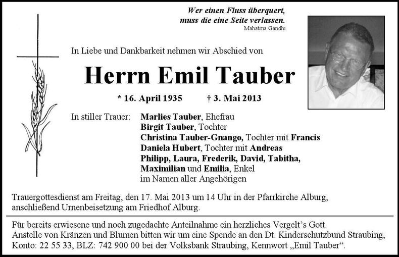 Traueranzeige Emil Tauber