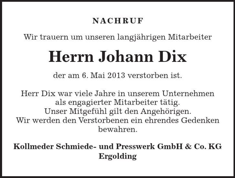 Traueranzeige Johann Dix