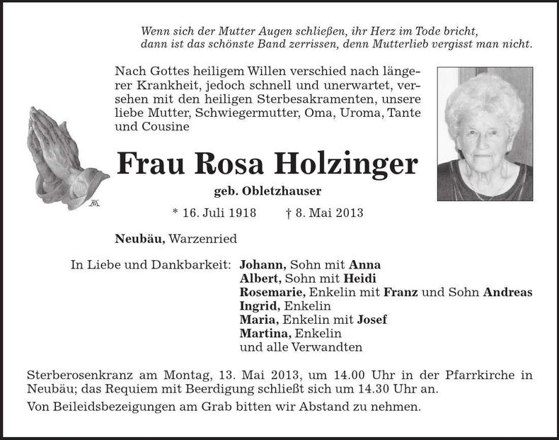 Traueranzeige Rosa Holzinger