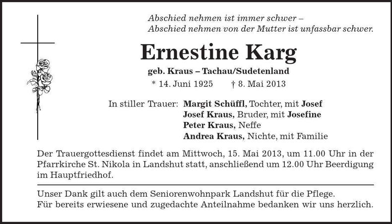 Traueranzeige Ernestine Karg