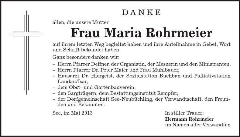 Traueranzeige Maria Rohrmeier