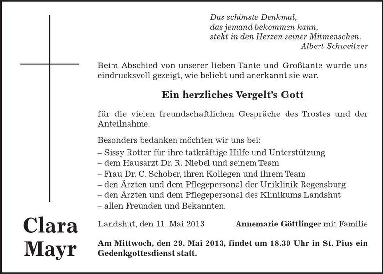 Traueranzeige Clara Mayr