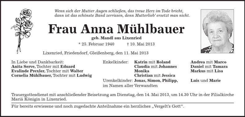 Traueranzeige Anna Mühlbauer