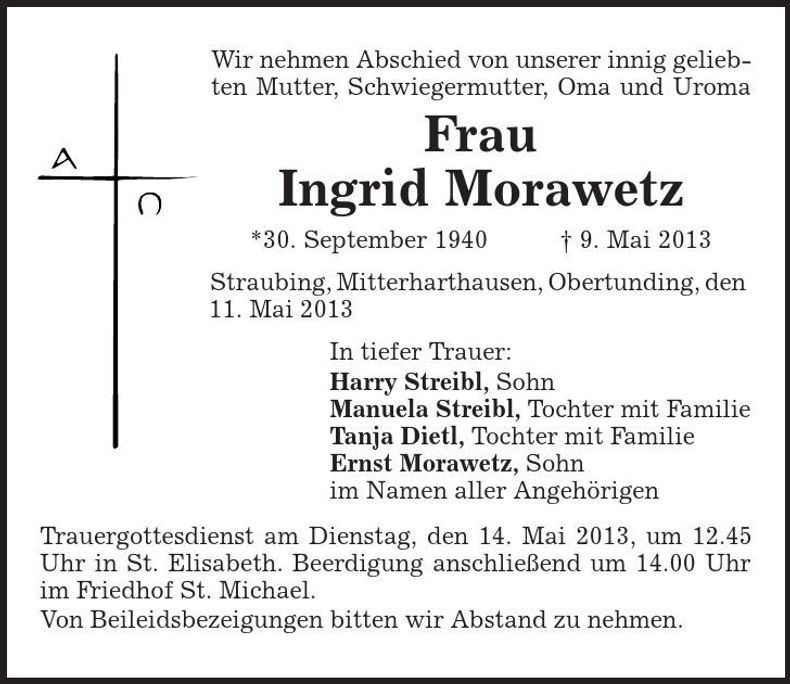 Traueranzeige Ingrid Morawetz