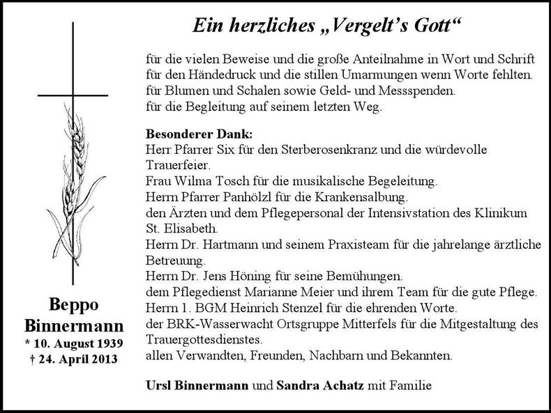 Traueranzeige Beppo Binnermann