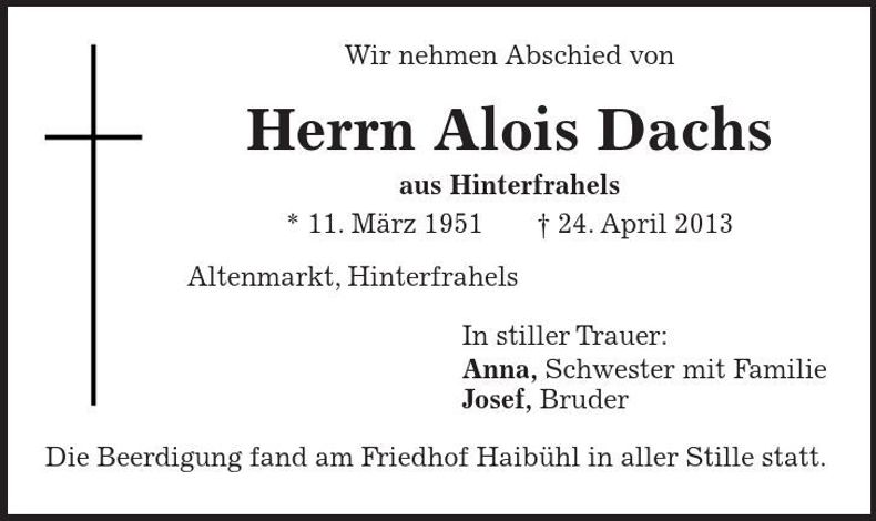 Traueranzeige Alois Dachs