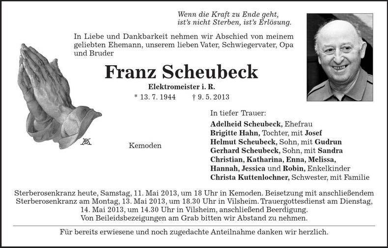 Traueranzeige Franz Scheubeck