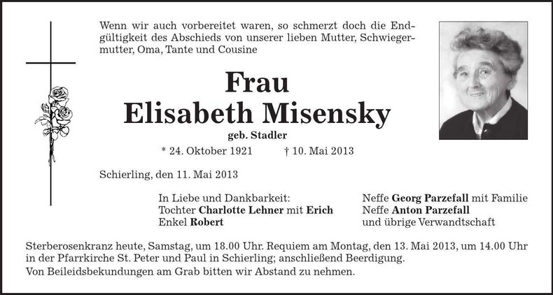Traueranzeige Elisabeth Misensky