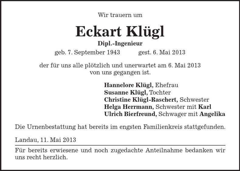 Traueranzeige Eckart Klügl